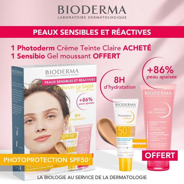 Pack photoderm crème solaire teintée clair spf50+ + Sensibio gel moussant offert / Peaux sensibles et réactive