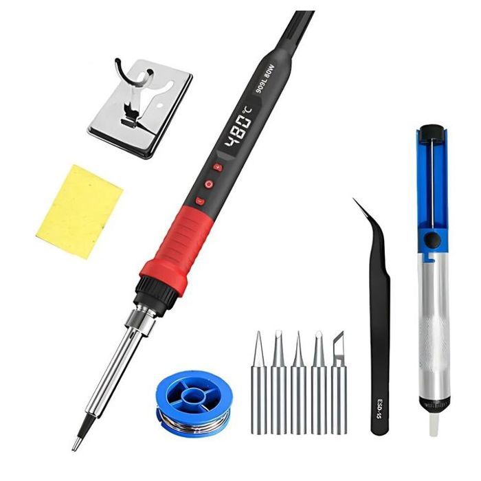 Kit de fer à souder avec température réglable,outils de soudage LCD,pointes de soudure, pincettes, fil à souder,80W