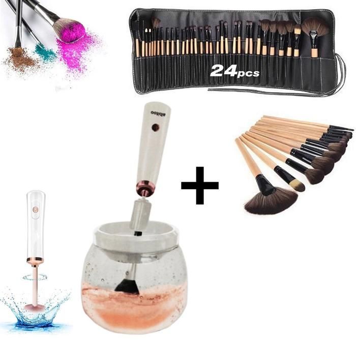 Pack 24-pièces Pinceaux en maquillage Professionnelle + Nettoyant pinceaux de maquillage automatique électrique à séchage rapide
