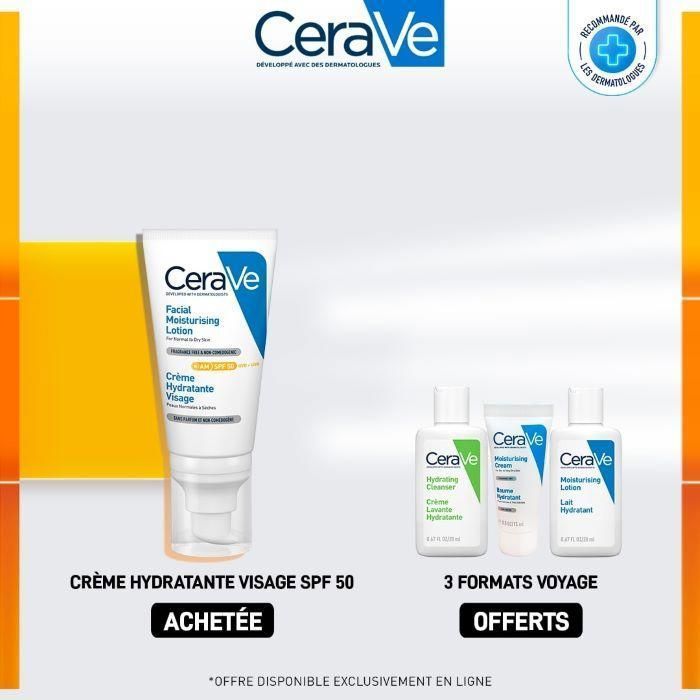 CeraVe crème hydratante visage SPF50 peaux normales à sèches | 52ml = 3 Formats voyage offerts