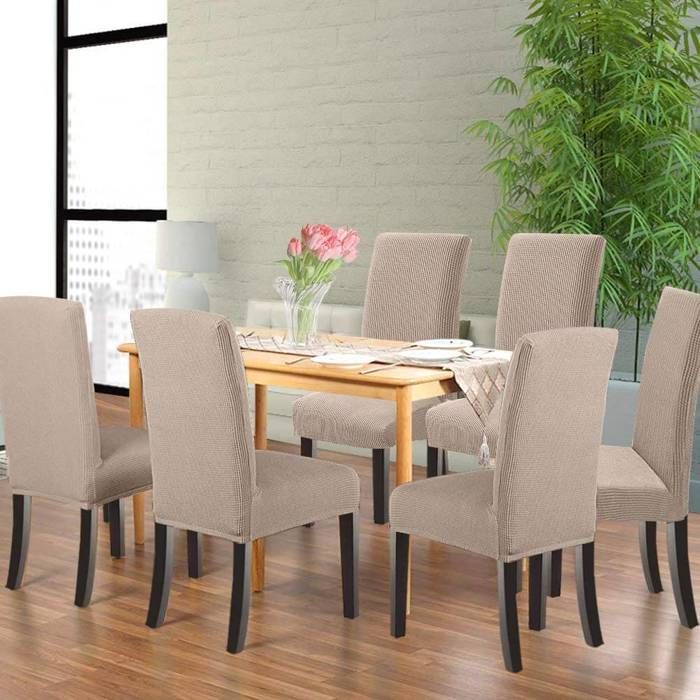 4 x Housse de Chaise Extensible à Tissu Jacquard - Beige Sable (4pcs)
