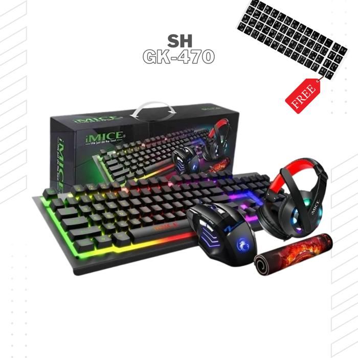 SH GK-470 Pack gaming 4 en 1 Casque + Souris + Clavier + Tapis Souris Et Stickers Clavier Arab Gratuit