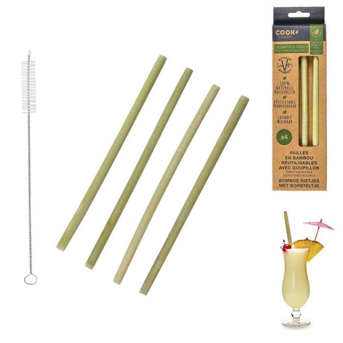 Paille en Bambou - Marron - Lot de 4 - Réutilisables - Goupillon inclus - 22 cm
