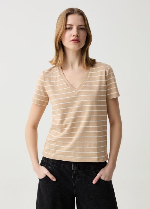 T-Shirt - OVS - Manches Courtes - 100% Coton - Col V - Rayures Blanc/Beige