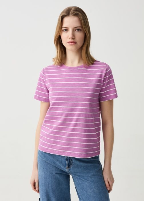 T-Shirt - OVS - Manches Courtes - 100% Coton - Rayé - Blanc/Rose