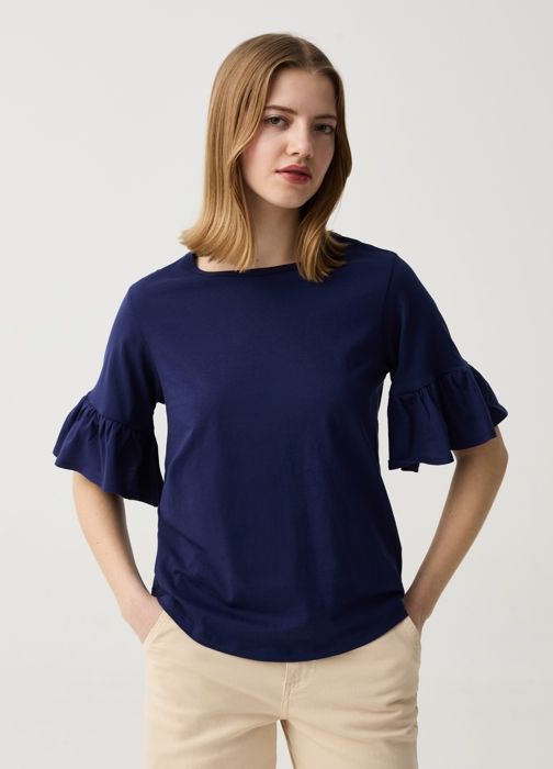 T-Shirt Manches Courtes en coton à volants- Bleu Foncé