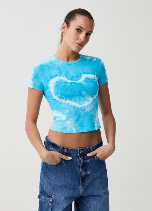 T-Shirt Crop-Top - OVS - Blanc/Bleu Ciel - 100% Coton - Manches Courtes - Col Arrondi