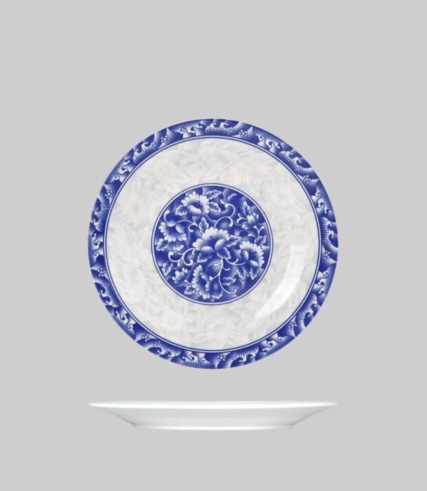 assiette plate ronde en porc avec rebord bleu 22cm