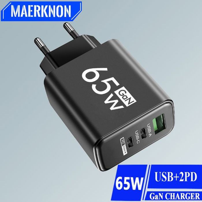 Chargeur rapide - GAN - 65W - QC3.0 - PD - 3 ports USB-C et USB-A