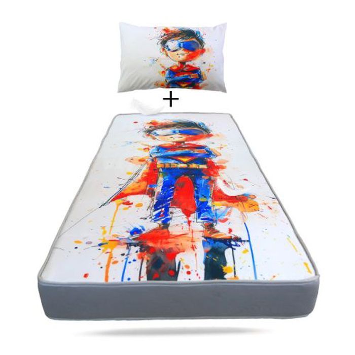Pack Matelas Camping Super Héros Mtls 1Place (190x90x15cm) + Oreiller + 1TO