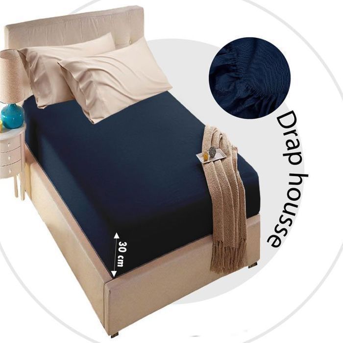Drap Housse Bleu Nuit 1place - 90x200 cm // -Doux & Antiallergique -
