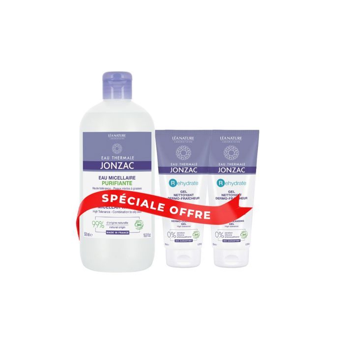 EAU THERMALE JONZAC RÉACTIVE EAU MICELLAIRE PURIFIANTE 500 ML+2 GELS NETTOYANTS 30ML OFFERTS