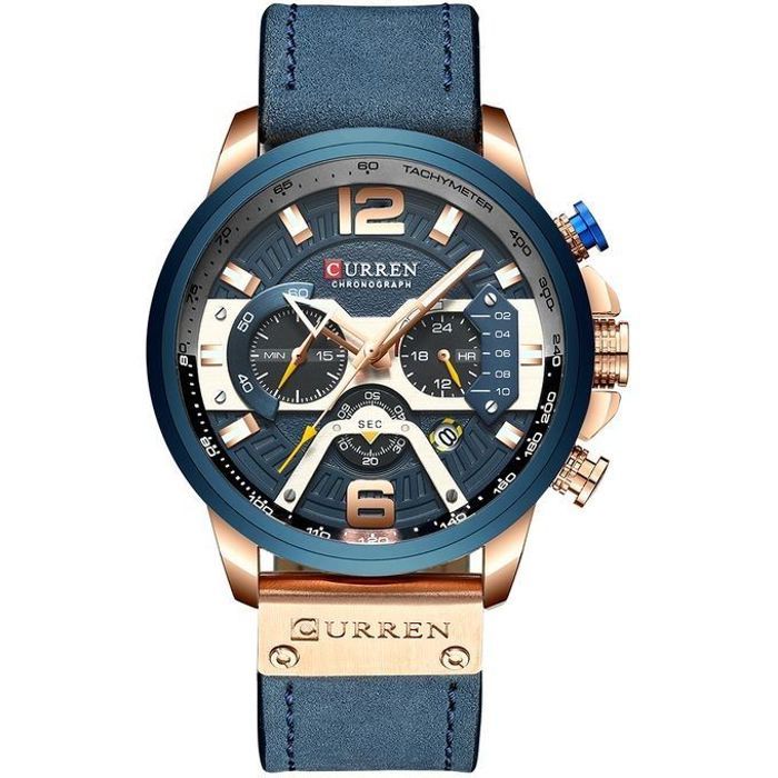 Montre Curren Bracelet En Cuir Bleu Quartz Pour Hommes Etanche Chronographe