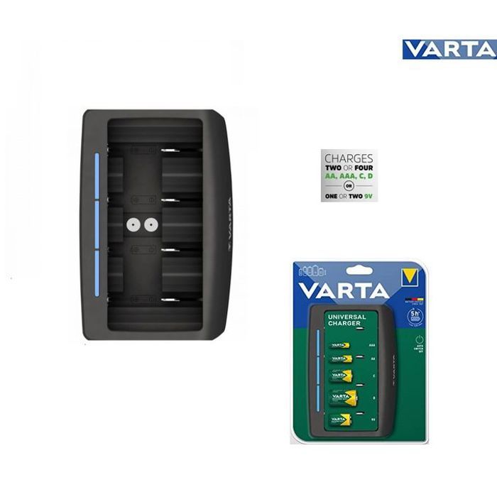 VARTA super Chargeur piles Batterie Universal AA, AAA, C, D et pile 9 V avec indicateur