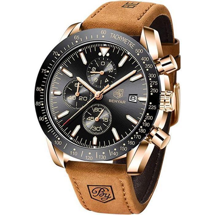 Montre Benyar Bracelet En Cuir Marron Quartz Pour Hommes Etanche Chronographe