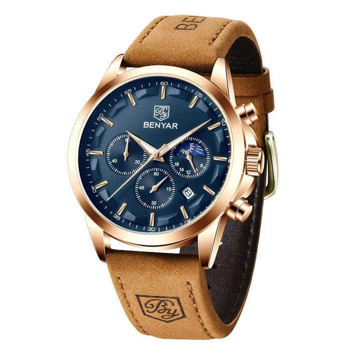Montre Benyar Bracelet En Cuir Marron Quartz Pour Hommes Etanche Chronographe