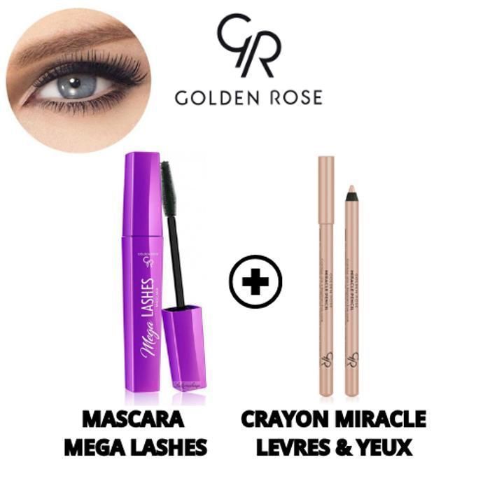 PACK GOLDEN ROSE CRAYON MIRACLE LEVRES ET YEUX + MASCARA MEGA LASHES