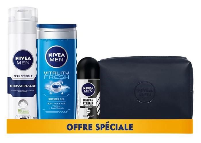 Pack Nivea - Mousse à Raser Sensitive 200ml + Gel douche 250ML +Déo roll on invisible black & white power 50ML + Trousse Offerte