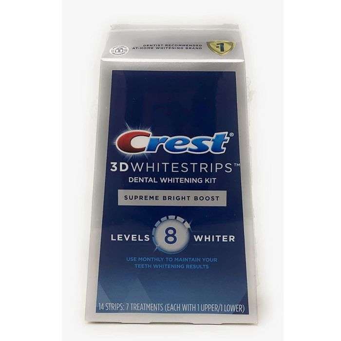 Crest - 3D Whitestrips Supreme Bright Boost Bandes de blanchiment des dents, 8 niveaux plus blancs, 7 traitements, 14 pièces