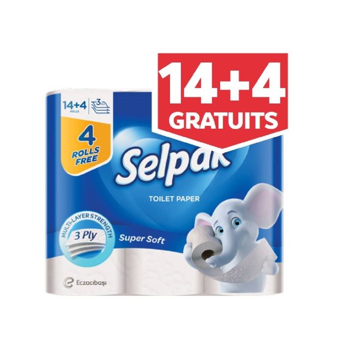 Papier hygiénique 3plis Super Soft 14 rouleaux + 4 rouleaux gratuits - SELPAK