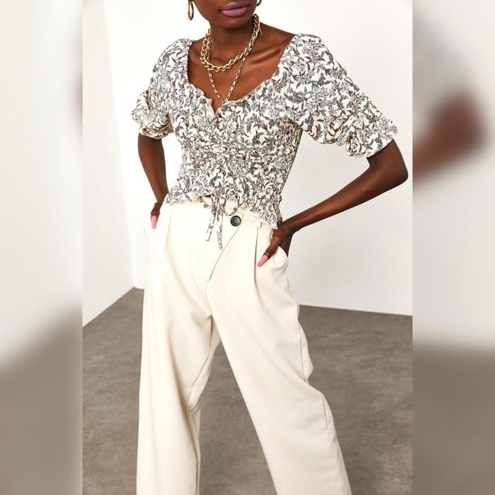 Blouse imprimée - Ecru - Manches bouffantes - 100% polyester - Femme - Adulte - Marjane Mall - Image 4