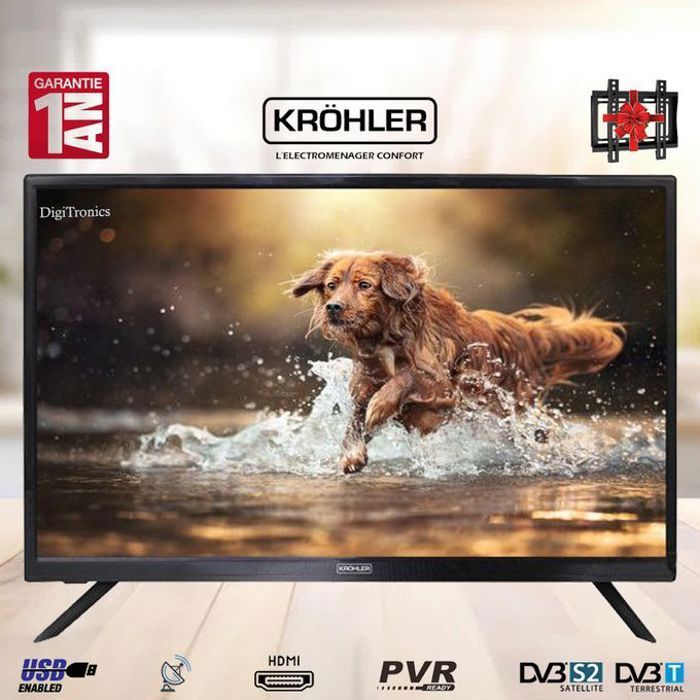 KRÖHLER 24" LED TV HD 720P - Technologie Avancée - Récepteur intégré + Support Mural