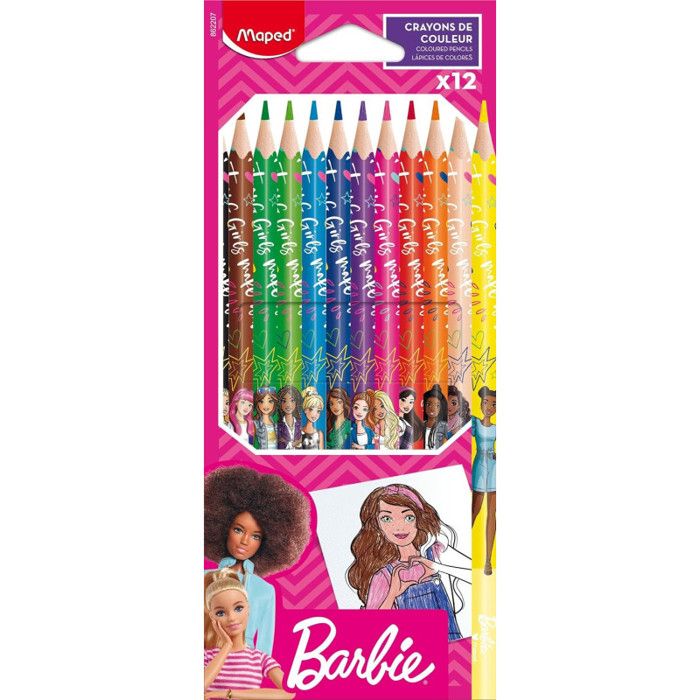 12 crayons de couleur BARBIE - Maped - Crayons pour enfants, Couleurs vives, Mines résistantes