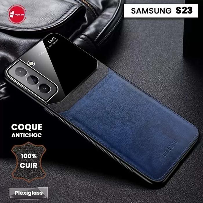 Pochette Samsung S23 normal Etui Cuir Bleu Coque Antichoc Pochette Plexiglass
