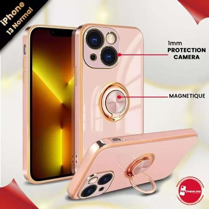 Coque iPhone 13 Normal GOLD Brillant Magnétique avec Ring &amp; Protection de Camera en TPU Rose light