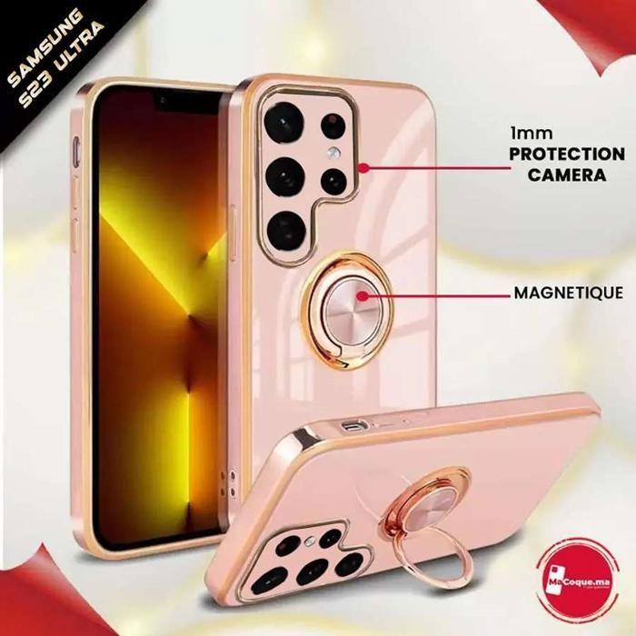Coque Samsung S23 Ultra GOLD Brillant Magnétique avec Ring &amp; Protection de Camera en TPU Rose Light