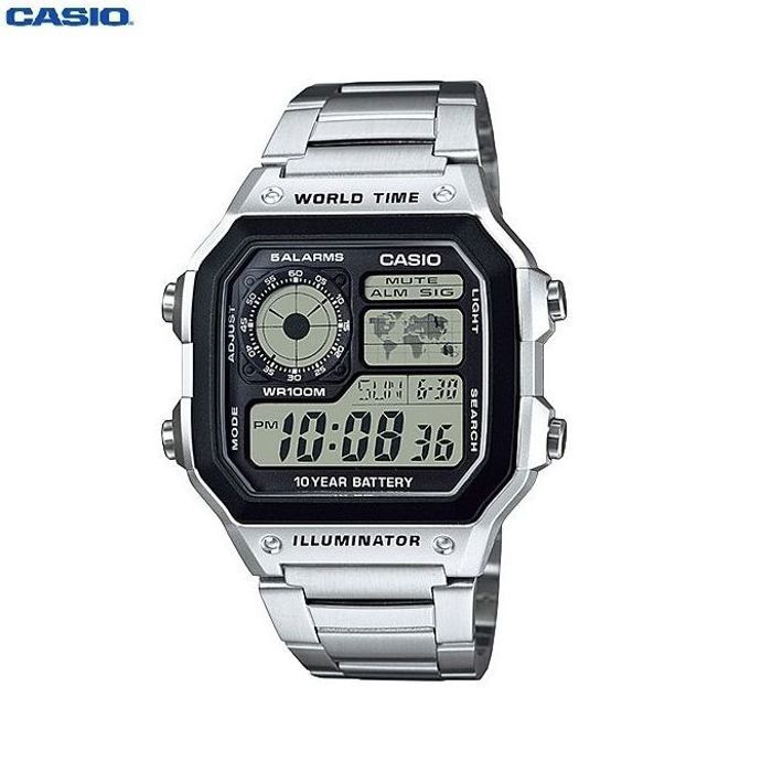 Casio Montre d'heure mondiale illuminateur Bracelet Acier inoxydable Digital-AE-1200whd-1avdf