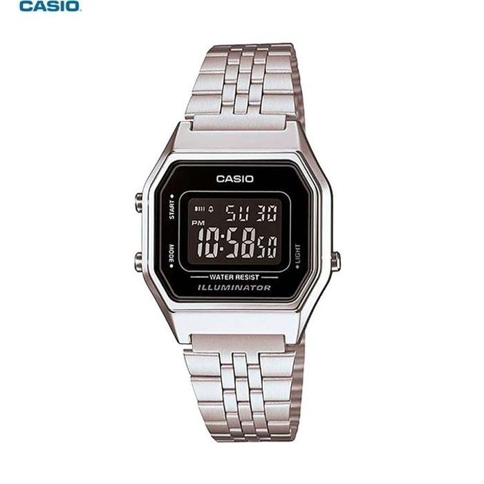 Casio Montre Femme Bracelet acier inoxydable plaqué argent-Cadran noir-LA680WA-1ADF