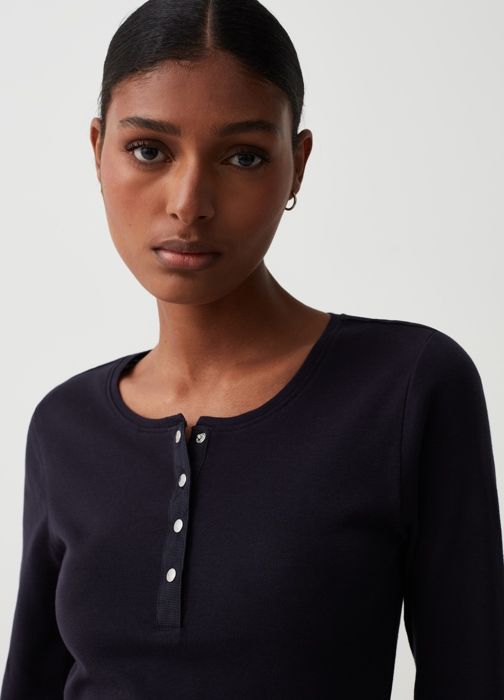T-shirt à manches longues avec encolure grand-père- Bleu Nuit