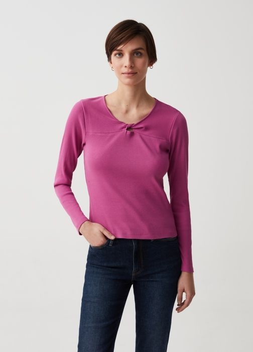 T-shirt à manches longues - OVS - Fuchsia - 100% coton - Col arrondi - Coupe regular