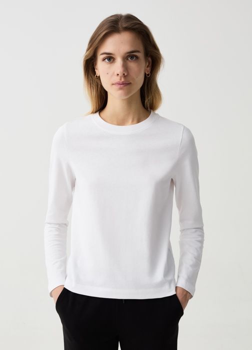T-shirt en coton - OVS - Manches longues - Col arrondi - Couleur blanche - Coupe regular