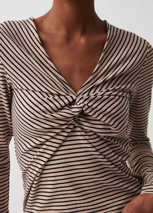T-shirt à manches longues - OVS - Noir/Marron - Col V - Tissu extensible - Motif rayé - Marjane Mall - Image 1
