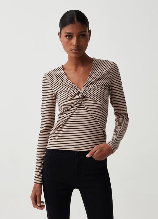 T-shirt à manches longues - OVS - Noir/Marron - Col V - Tissu extensible - Motif rayé - Marjane Mall - Image 2