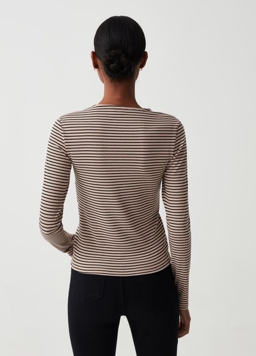 T-shirt à manches longues - OVS - Noir/Marron - Col V - Tissu extensible - Motif rayé - Marjane Mall - Image 3
