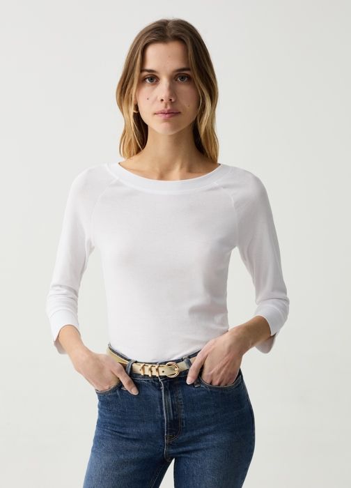 T-shirt à manches trois-quarts et fentes- Blanc