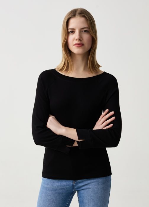 T-shirt à manches trois-quarts et fentes- Noir
