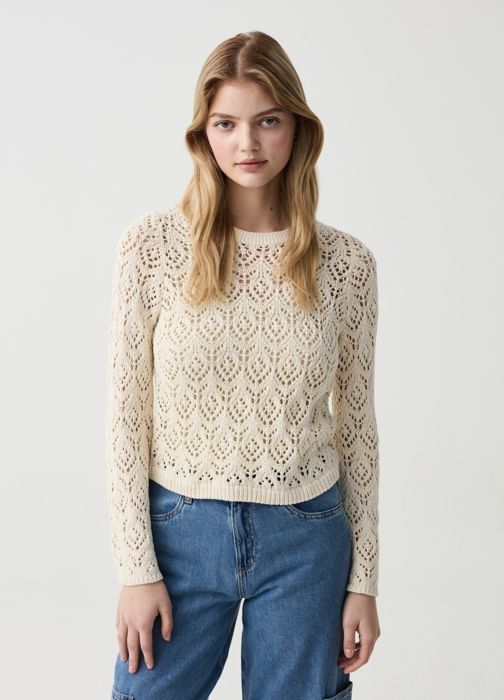 Pull en crochet - OVS - Blanc d'Ivoire - 100% coton - Manches longues - Col arrondi - Marjane Mall - Image 1