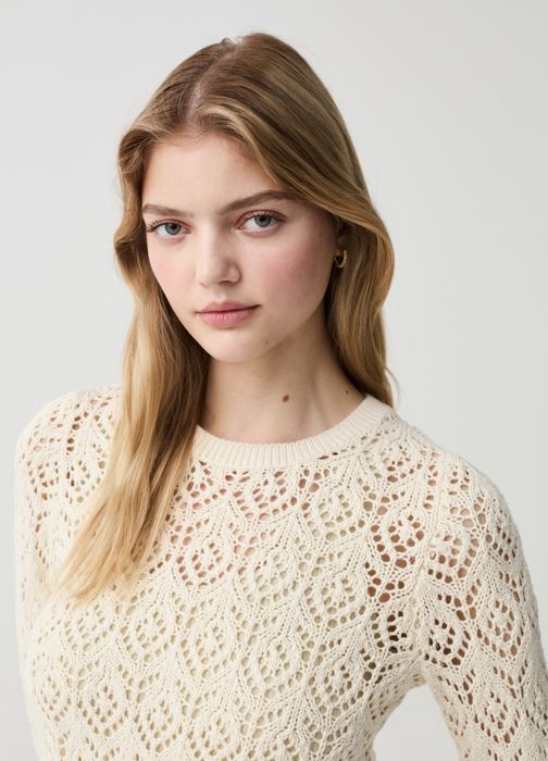 Pull en crochet - OVS - Blanc d'Ivoire - 100% coton - Manches longues - Col arrondi - Marjane Mall - Image 2