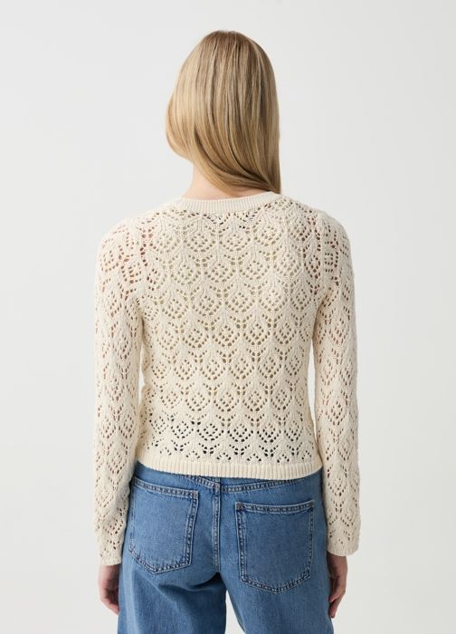 Pull en crochet - OVS - Blanc d'Ivoire - 100% coton - Manches longues - Col arrondi - Marjane Mall - Image 3