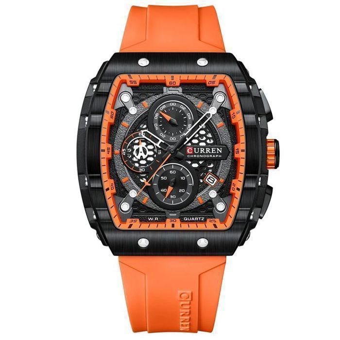 Montre Curren Bracelet En Silicon Orange Quartz Pour Hommes Etanche Chronographe