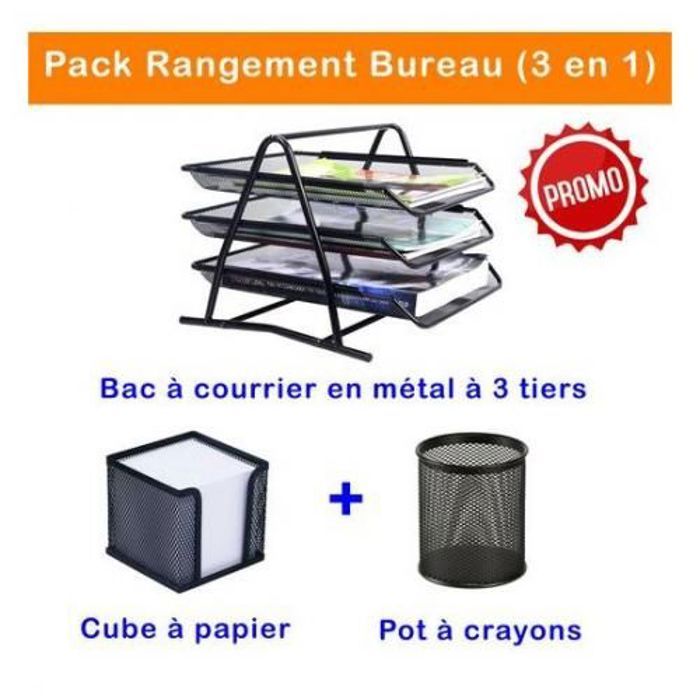 Pack Rangement Bureau (3 en 1) : Bac à courrier + Cube à papier + Pot à crayons