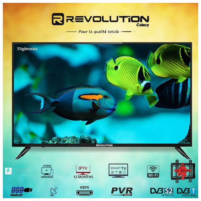 Revolution TV 32" FHD WIFI -Récepteur Intégré -YouTube -Nashare Abonnement 1 an + Support Mural