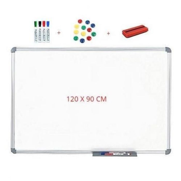 Tableau Magnétique Blanc Grand 120X90 cm +10 aimants +4 feutres effaçables + Brosse.