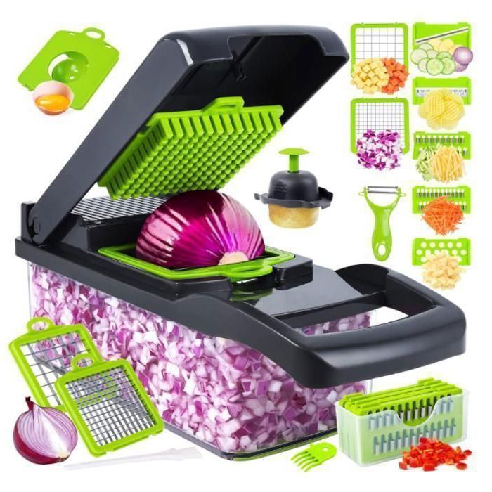 Coupe Legumes Multifonctions,16 En 1 Mandoline Cuisine,Mandoline Professionnelle Cuisine,Decoupe Legumes avec 8 Lames Réglable.