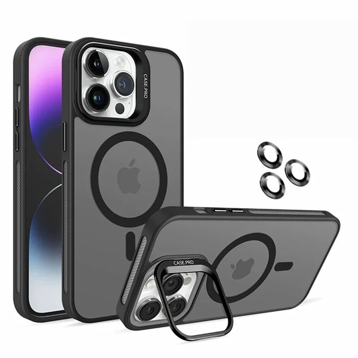 Coque de téléphone de luxe avec support d’objectif de charge sans fil Magsafe, coque antichoc pour iPhone 15 Pro Max