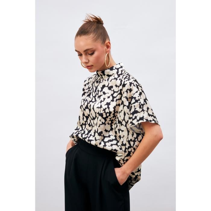 SATEEN- Blouse Ample à Motifs à Manches Chauve-Souris - NOIR